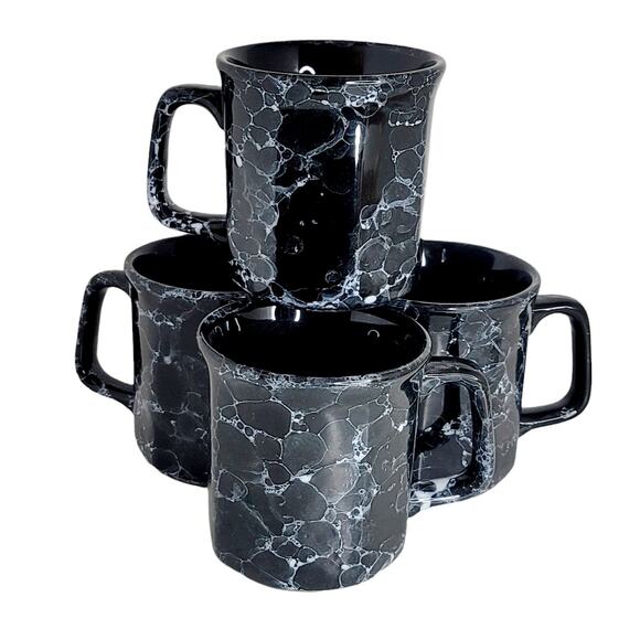 Set of 4 Vintage Marble Bubble Black And White Mugs - Picture 1 of 10